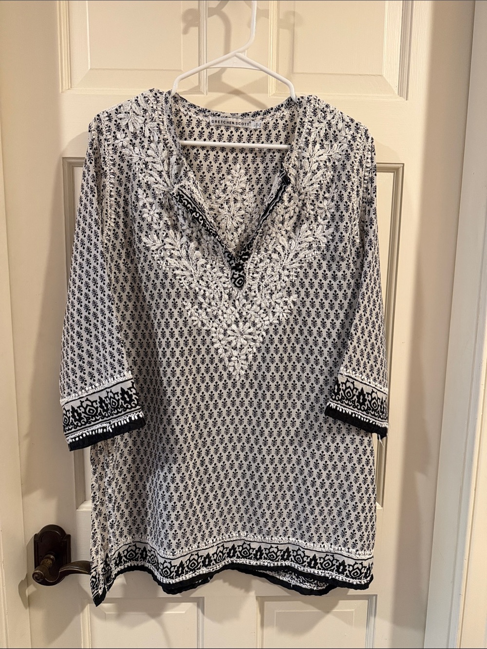 Gretchen Scott Black & White Embroidered V-Neck Tunic Top, Size Large